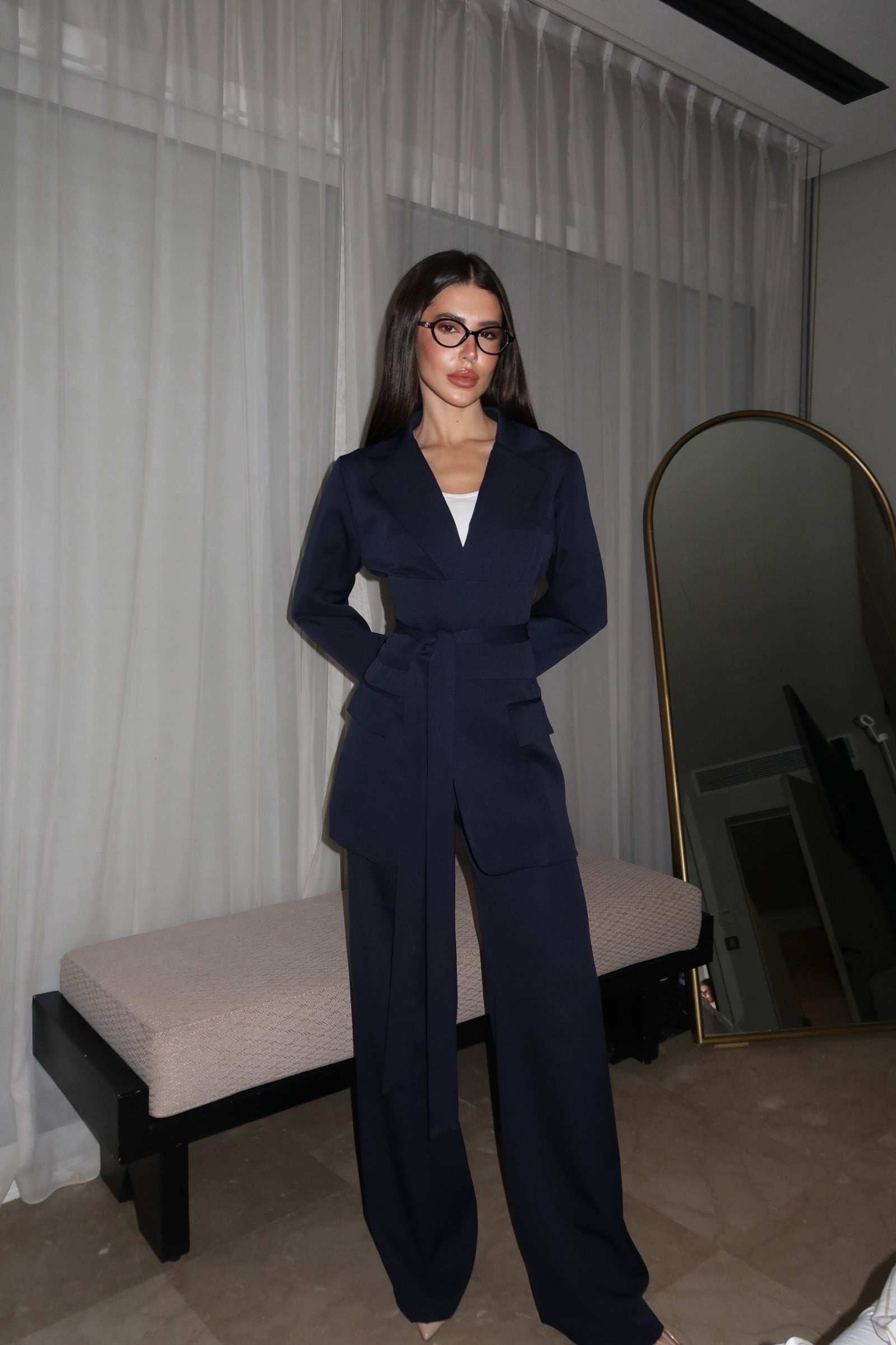 The Navy blue belted suit